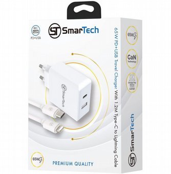מטען קיר כפול PD+USB - 65W - עם כבל טייפ-סי ל-Lightning - דגם Sttc65w בטכנולוגיית GaN - חברת SmarTech - איכות מושלמת
