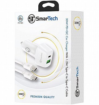 מטען רכב PD+USB 30W עם כבל טייפ-סי לטייפ-סי - דגם STCC30W מבית SmarTech - טעינה מהירה ובטוחה בדרכים