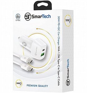 מטען רכב PD+USB 30W עם כבל טייפ-סי לטייפ-סי - דגם STCC30W מבית SmarTech - טעינה מהירה ובטוחה בדרכים