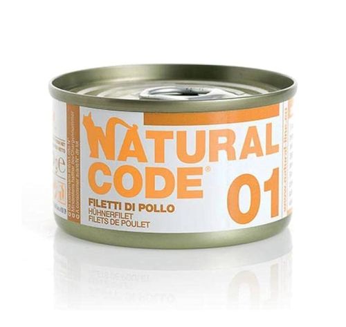 שימור NATURAL CODE נטורל קוד 01 פילה עוף לחתול 85 גר'  מגש 24 יחידות