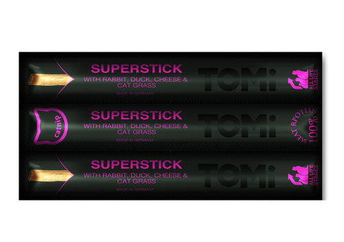 TOMI חטיף לחתול - סטיק ארנב, ברווז וגבינה 3 מקלות