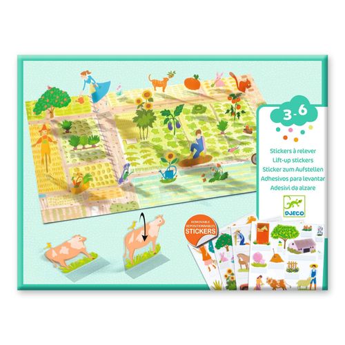 מבט כללי על סט ערכת מדבקות תלת-ממד DJECO חווה עם 4 סצנות רקע ו-80 מדבקות רב-פעמיות של חיות בית