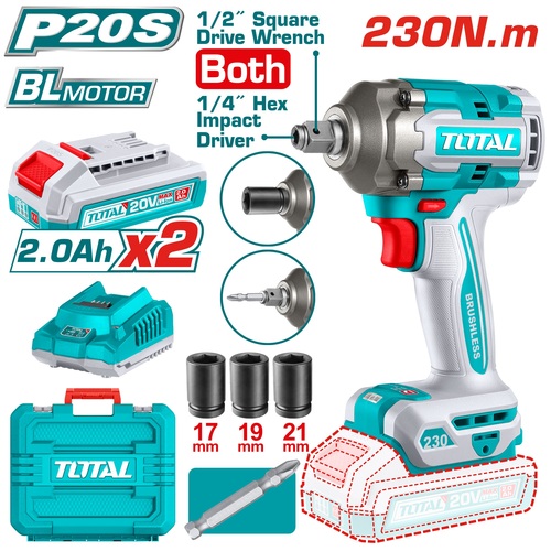 סט מברגת אימפקט מפתח רטיטה (230NM) כולל סוללות 2Ah ומטען Total