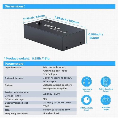 קדם-מגבר לפטיפון Fosi Audio BOX X1-MM עם יציאת אוזניות 3.5 מ