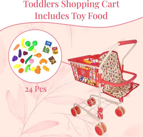 עגלת קניות מתכת עם מצרכים + מושב מרופד לבובה