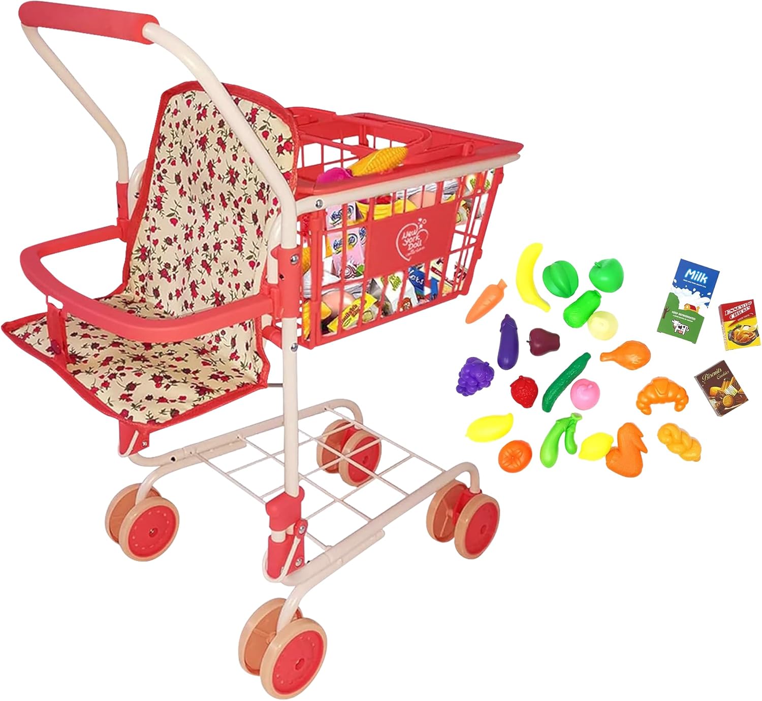 עגלת קניות מתכת עם מצרכים + מושב מרופד לבובה