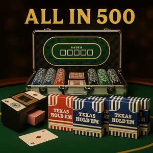 מארז פוקר- ALL IN 500 כולל משטח לפוקר +מערבב קלפים אוטומטי +5 חפיסות קליפים