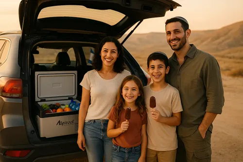 משפחה ישראלית במדבר יהודה עם מקרר לרכב