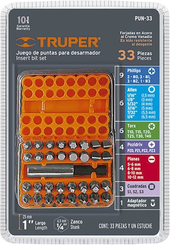 סט ביטים למברגה TRUPER PUN-33 באורך 1 אינץ׳, 33 חלקים | Truper 