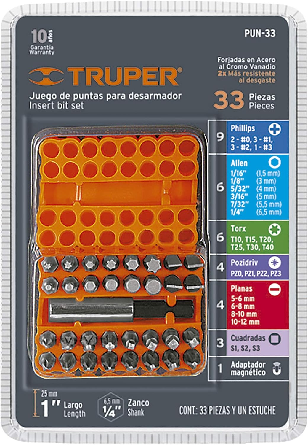 סט ביטים למברגה TRUPER PUN-33 באורך 1 אינץ׳, 33 חלקים | Truper