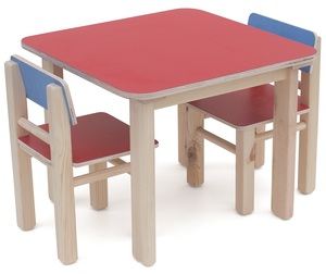 סט שולחן ו 2 כסאות מעץ מלא לילדים - כחול/אדום