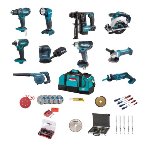 סט 10 כלים + 10 מתנות! Makita עשרה כלים של מקיטה +צמד סוללות + מטען + תיק טרולי ענק + אביזרים במחיר מטורף!!!