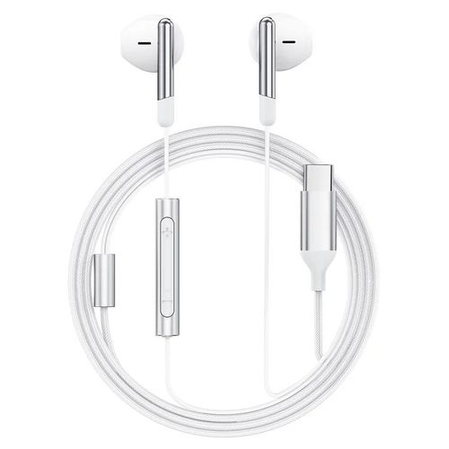 אוזניות חוטיות USB-C עם מיקרופון איכותי, כפתורי שליטה, אורך 1.2 מטר, לבן