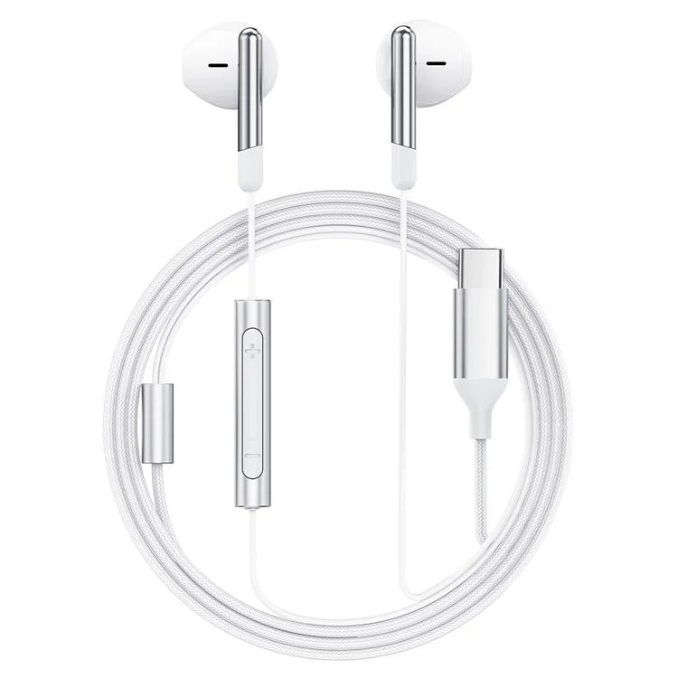 אוזניות חוטיות USB-C עם מיקרופון איכותי, כפתורי שליטה, אורך 1.2 מטר, לבן