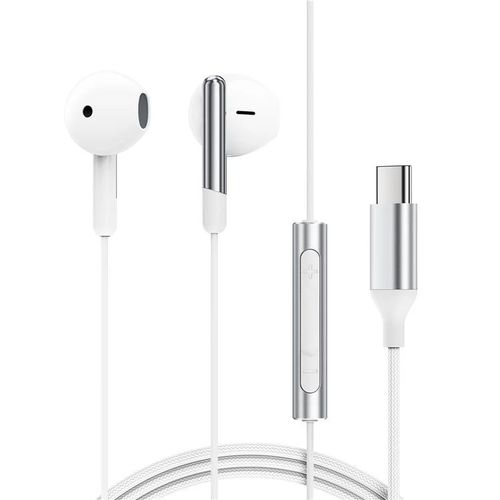 אוזניות חוטיות USB-C עם מיקרופון איכותי, כפתורי שליטה, אורך 1.2 מטר, לבן