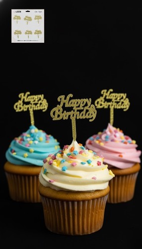 LE7001 טופרים לקפקייקס Happy Birthday זהב נצנץ 6 יח'