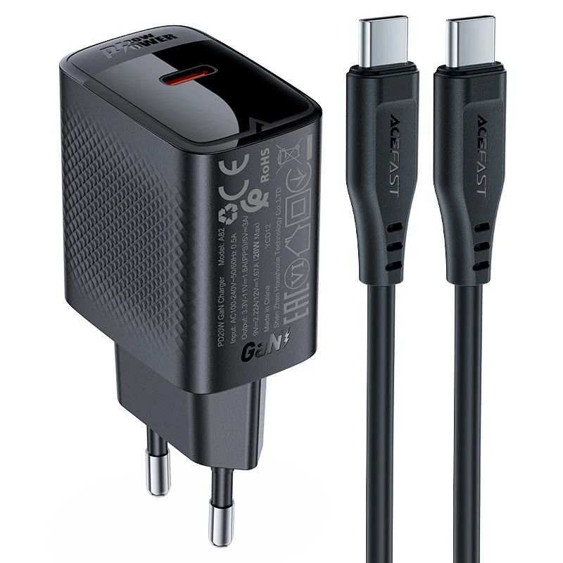 סט טעינה הכולל ראש מטען מהיר USB-C וכבל USB-C, טעינת PD20W מהירה, שחור