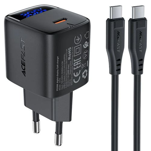 סט טעינה הכולל ראש מטען מהיר USB-C וכבל USB-C ל-USB-C, טעינת PD30W מהירה, שחור
