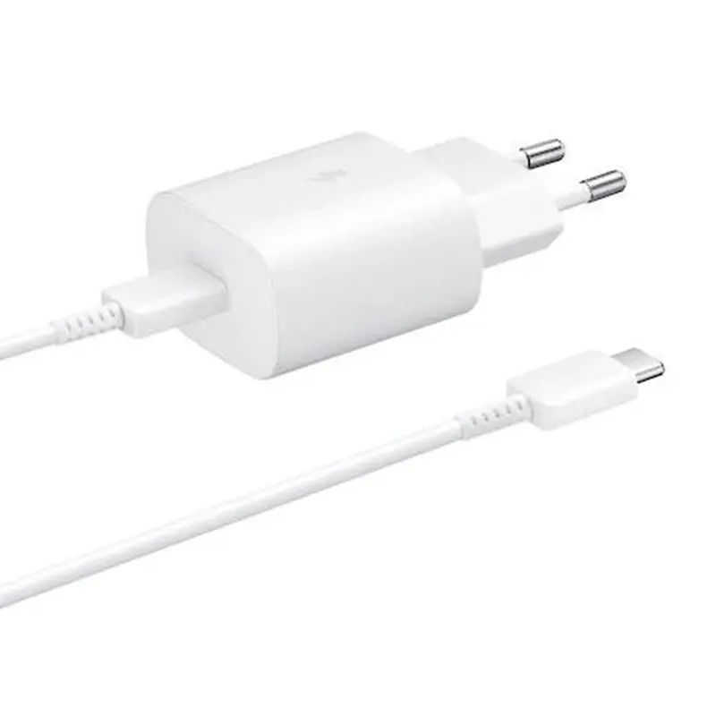 סט ראש מטען קיר סמסונג וכבל USB-C ל-USB-C, טעינה מהירה 25W, לבן