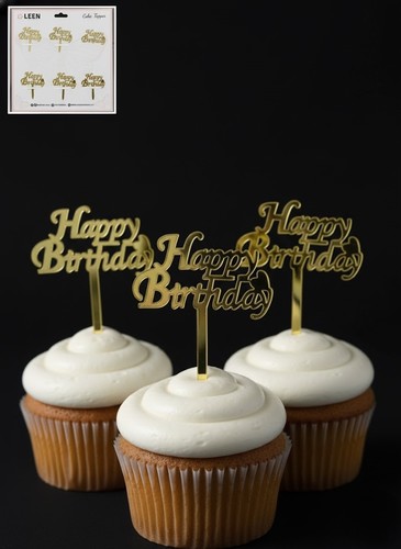 LE7002 טופרים לקפקייקס Happy Birthday זהב 6 יח'