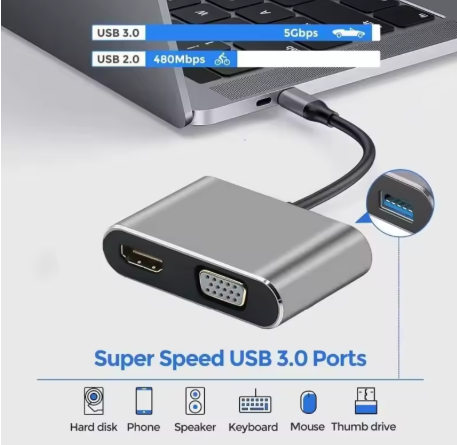 מתאם איכותי TYPE C זכר לHDMI נקבה וVGA נקבה