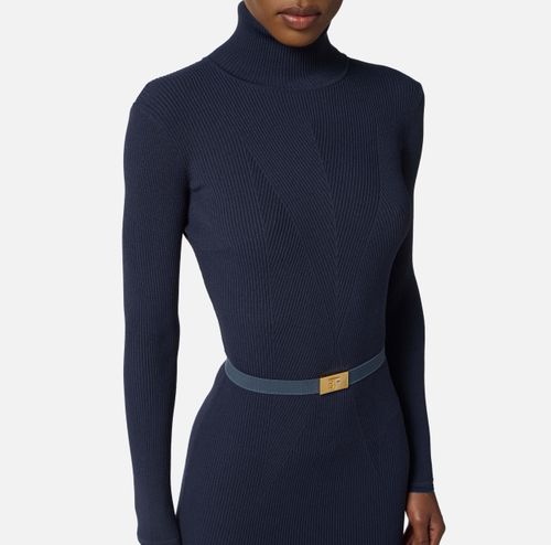 Dress in ribbed knit fabric with belt