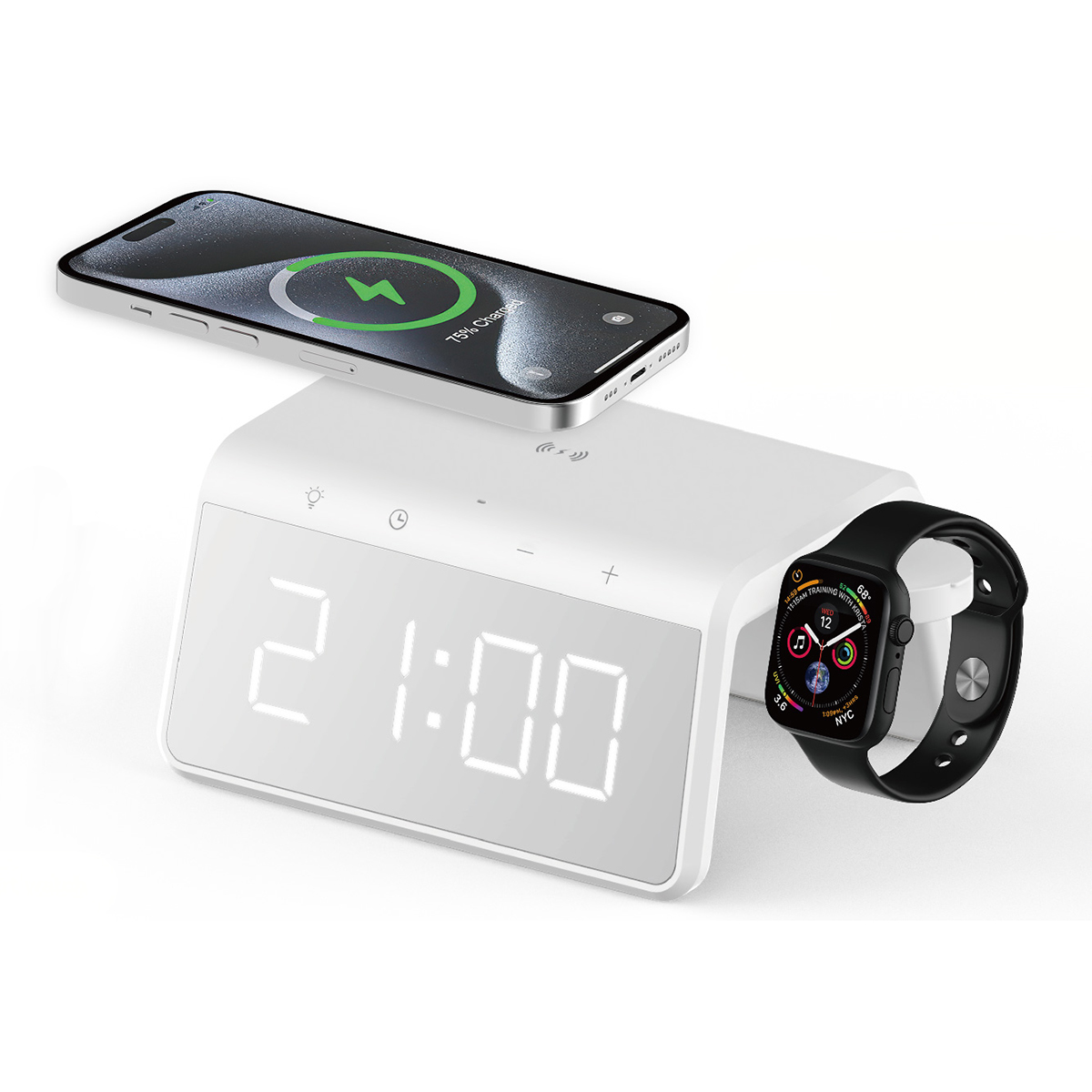 מטען אלחוטי מהיר 2 ב-1 לנייד ושעון חכם עם שעון דיגיטלי