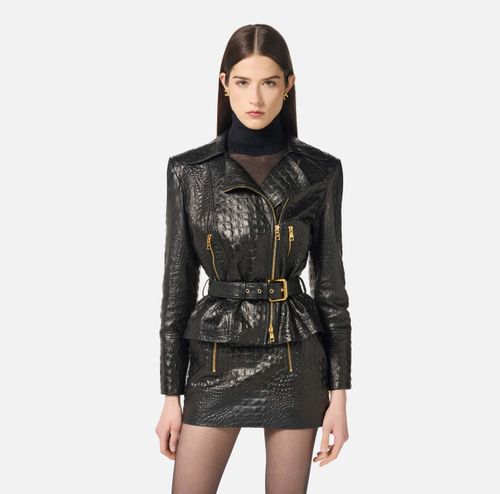 Crocodile print leather biker jacket