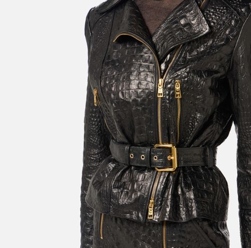 Crocodile print leather biker jacket