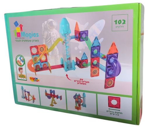 משחק הרכבה מגנטי בתלת מימד 102 חלקים עם מעלית כדורים חשמלית - פארק שעשועים בחלל
