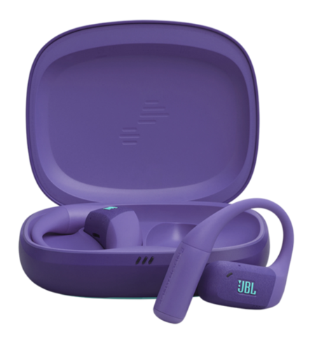 אוזניות ספורט אלחוטיות JBL Endurance Zone TWS בצבע סגול עם מארז טעינה פתוח