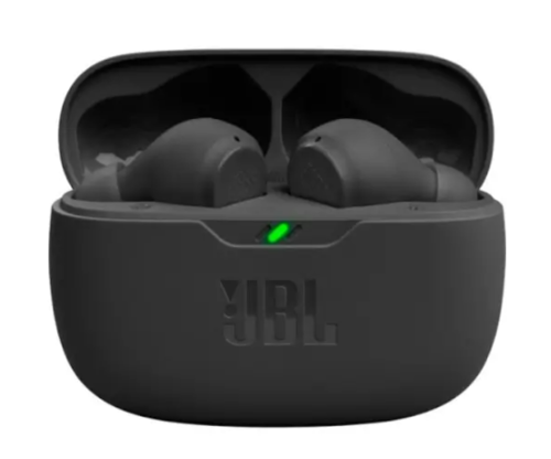 אוזניות JBL Wave Beam TWS בצבע שחור בתוך קייס הטעינה