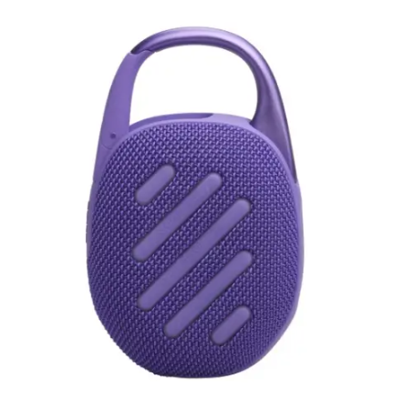 JBL Clip 5 סגול – רמקול קטן עם סאונד חזק ובאס מרשים, מתאים לטיולים ונסיעות