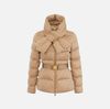 Down jacket in jacquard voile fabric with belt