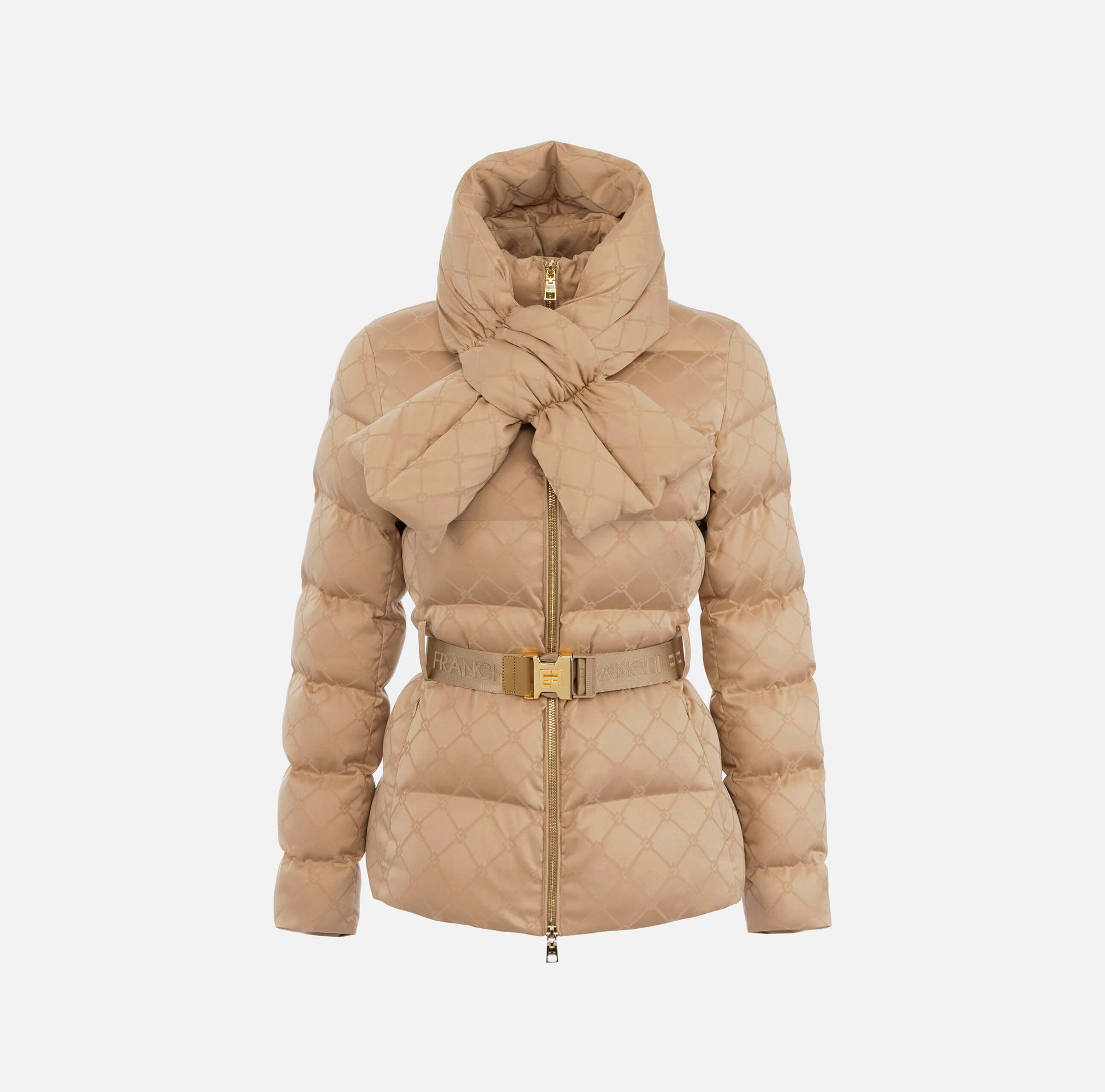 Down jacket in jacquard voile fabric with belt