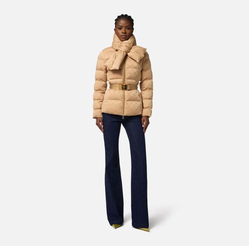 Down jacket in jacquard voile fabric with belt