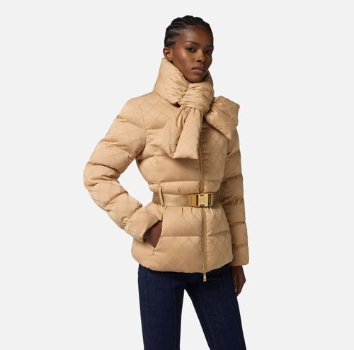 Down jacket in jacquard voile fabric with belt