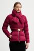 Down jacket in jacquard voile fabric with belt
