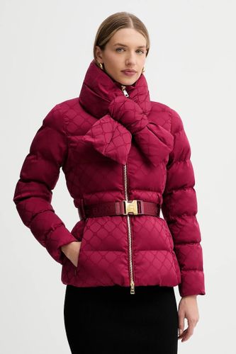 Down jacket in jacquard voile fabric with belt