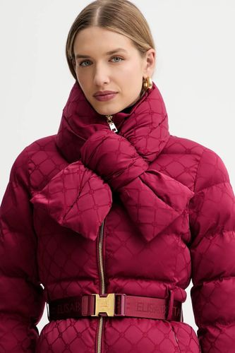 Down jacket in jacquard voile fabric with belt