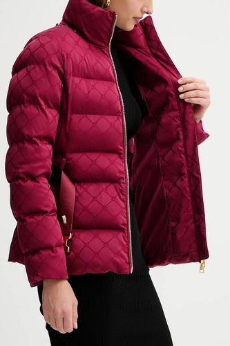 Down jacket in jacquard voile fabric with belt