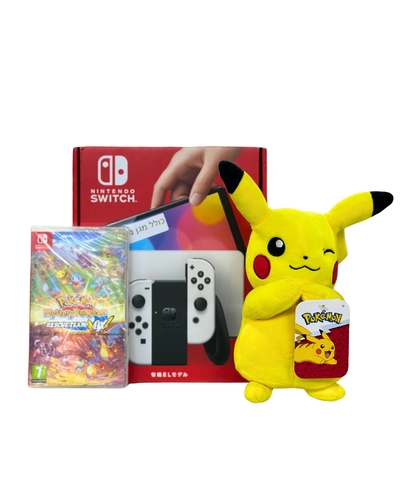 באנדל NINTENDO SWITCH + בובה של פוקימון או מריו לבחירה ומשחק לבחירה