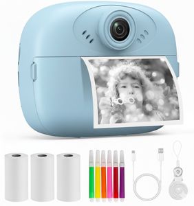 מצלמה מדפיסה לילדים עם מסך "2.4, צילום וידאו, סלפי, 3 גלילי נייר ו 5 טושים - תכלת
