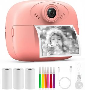 מצלמה מדפיסה לילדים עם מסך "2.4, צילום וידאו, סלפי, 3 גלילי נייר ו 5 טושים - ורוד