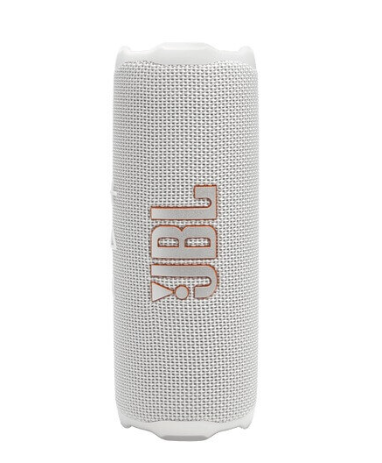 רמקול אלחוטי JBL Flip 7 בצבע לבן, עמיד למים ואבק, על רקע לבן