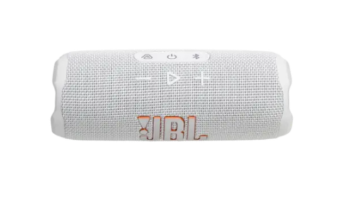 רמקול נייד JBL Flip 7 בצבע לבן, עם חיבור Bluetooth ותצוגת כפתורים
