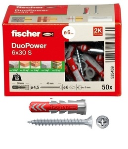 מיתד ניילון אוניברסלי 6 מ"מ אורך 30 מ"מ עם בורג DUOPOWER מארז 50 יח - Fischer