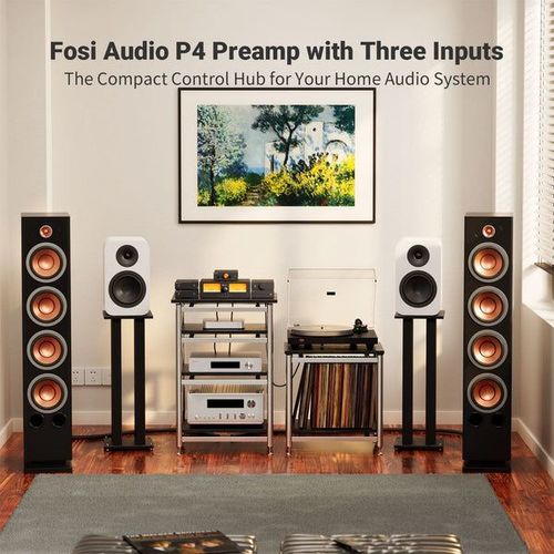 Fosi Audio P4 Mini – פרה-אמפליפייר סטריאו קומפקטי עם שליטה בבאס, טרבל ו-Gain
