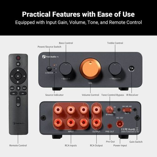 Fosi Audio P4 Mini – פרה-אמפליפייר סטריאו קומפקטי עם שליטה בבאס, טרבל ו-Gain