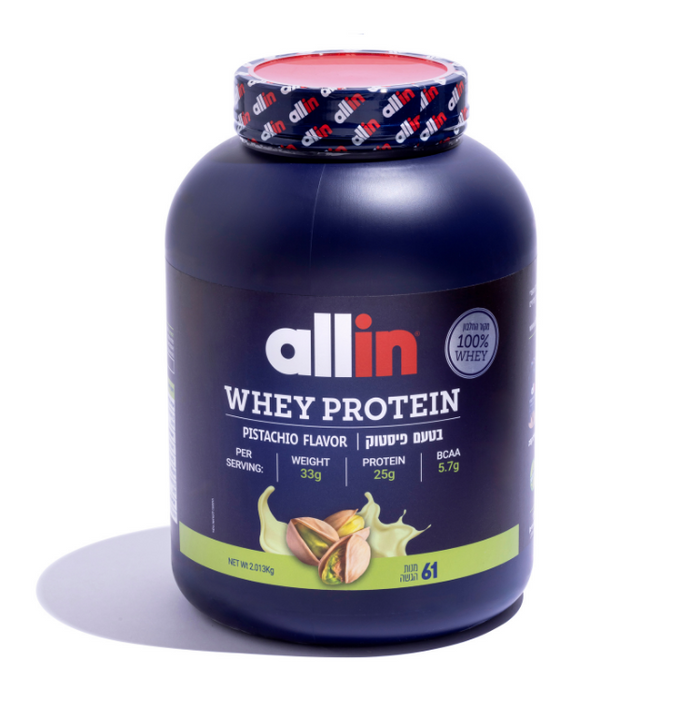 אבקת חלבון WHEY בטעם פיסטוק – משקל 2.013 ק"ג (61 מנות) אול אין